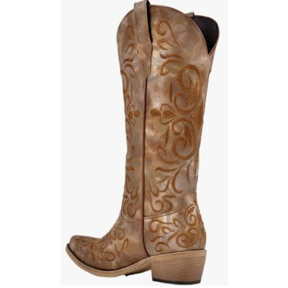 Women's Floral Embroidered Cowboy Western Mid Calf Booties Brown Size 8 NIB - Picture 2 of 3